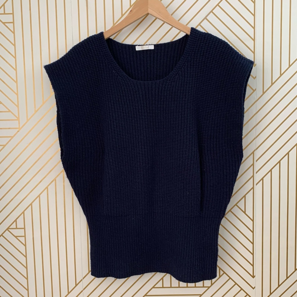 Chloe 100% cashmere sweater ribbed knit short sleeves batwing bat wing navy XS